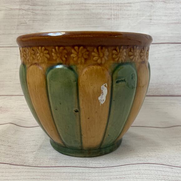 Antique Brown Green Striped Pottery Planter Majolica Glaze Floral Medallions - Picture 3 of 16
